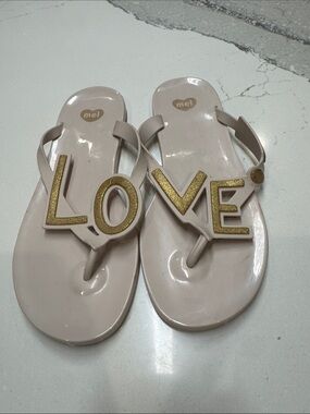 Melissa Nude Tan Sandals with Gold LOVE Accents Gently Worn Scented